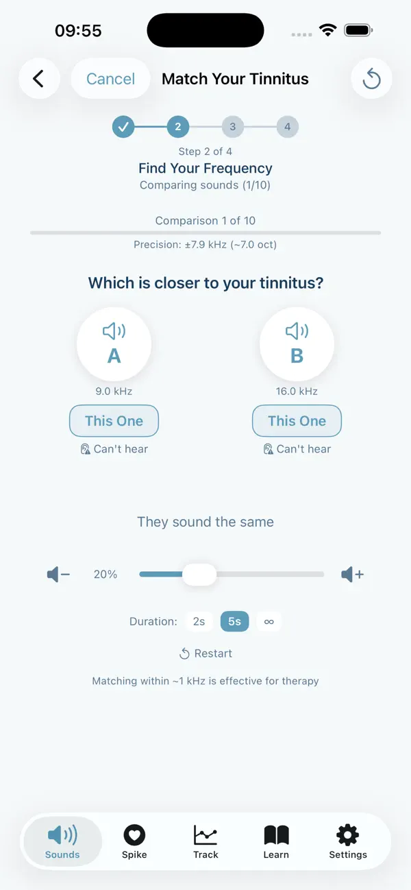 Aurina guided frequency matching for tinnitus tone identification