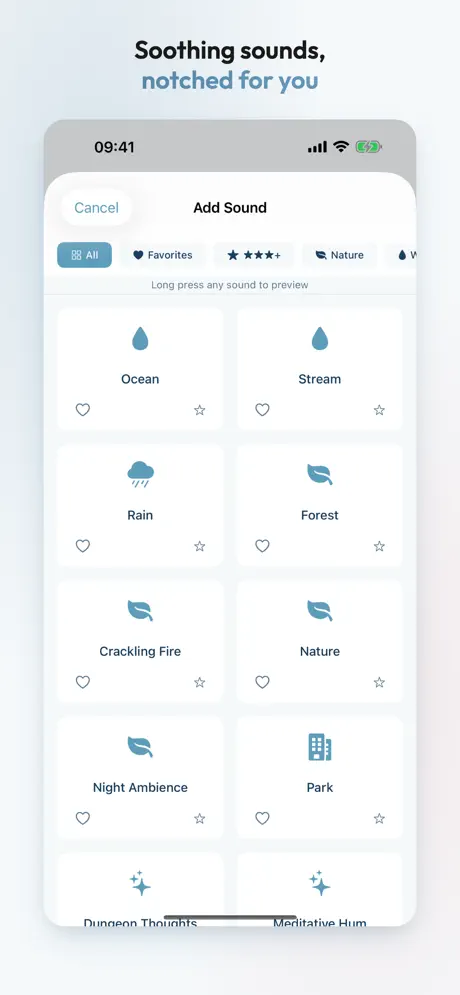 Aurina sound library with ambient and nature sounds including Ocean, Rain, and Forest