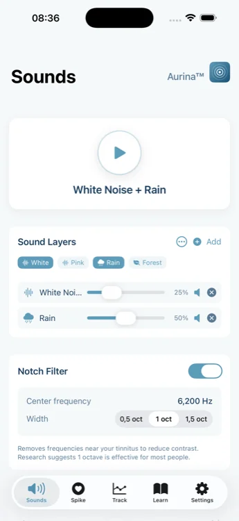 Aurina sound session with layered therapy sounds and volume controls